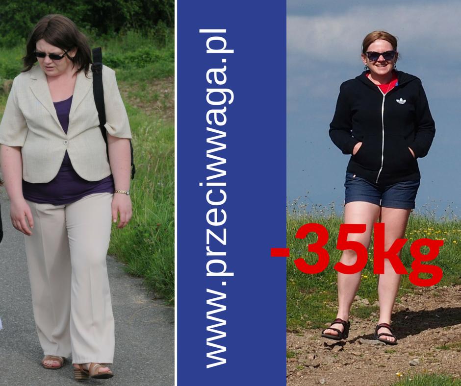 Kobieta przed i po utracie wagi, z widoczną różnicą w sylwetce i ubraniach, na tle zieleni i nieba, z napisem '-35kg'.