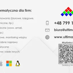 Grafika reklamowa firmy informatycznej oferującej serwis oprogramowania, wsparcie techniczne, sieci komputerowe, diagnostykę, usługi programistyczne i projekty graficzne, z numerem telefonu...