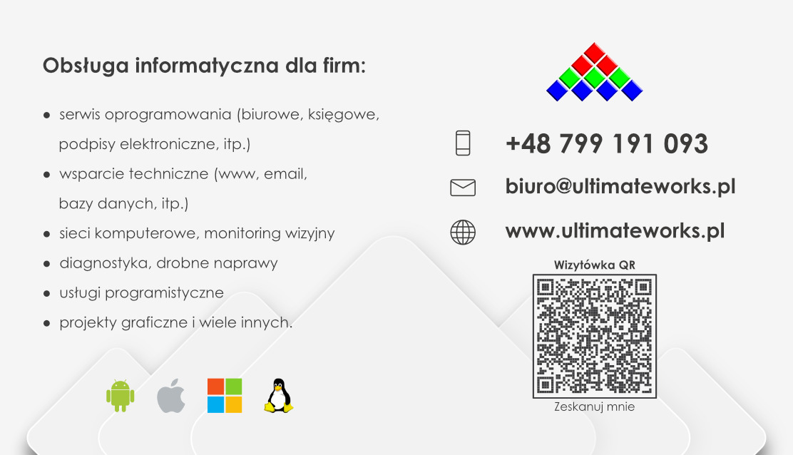 Grafika reklamowa firmy informatycznej oferującej serwis oprogramowania, wsparcie techniczne, sieci komputerowe, diagnostykę, usługi programistyczne i projekty graficzne, z numerem telefonu...