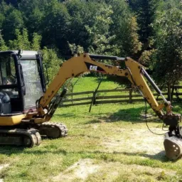 Żółto-czarna koparka marki CAT na trawiastym terenie, z drewnianym płotem i drzewami w tle.