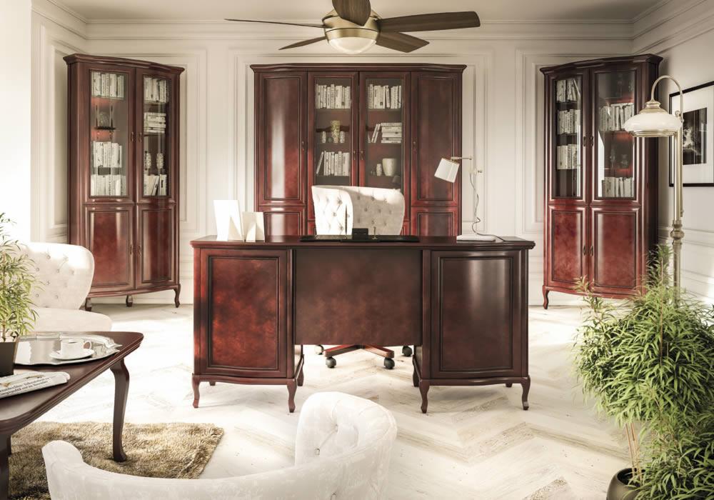 Eleganckie, ciemnobrązowe biurko z trzema przeszklonymi regałami w tle, tworzące klasyczny gabinet w Sępólnie Krajeńskim. Widoczny wentylator sufitowy i jasna podłoga w jodełkę.