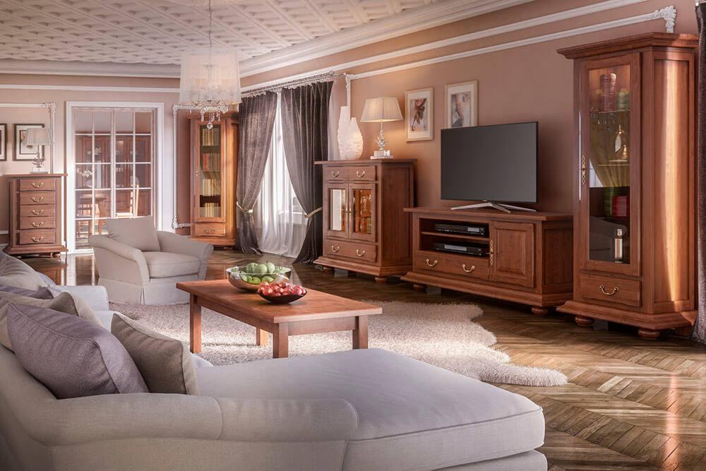 Salon w stylu klasycznym z drewnianymi meblami: komody, witryna, szafka RTV, stolik kawowy z owocami, sofa i fotel w jasnej kolorystyce.