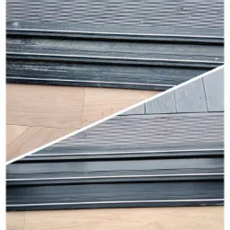 Porównanie: górna część zdjęcia pokazuje zabrudzone progi drzwi balkonowych, dolna część prezentuje te same progi po czyszczeniu, na tle parkietu.