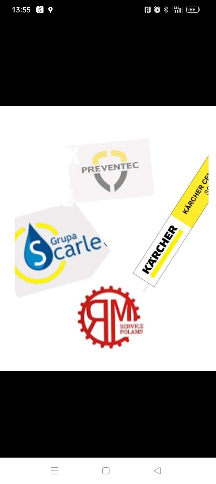 Zestaw logotypów firm: Preventec, Grupa Scarle, RM Service Poland oraz Karcher, prawdopodobnie związanych z branżą usług czystościowych.