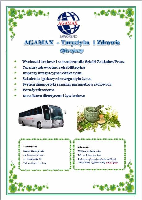 Ulotka reklamowa firmy Agamax z Jaworzna oferującej usługi turystyczne i zdrowotne, w tym turnusy rehabilitacyjne, porady dietetyczne i system diagnostyki parametrów życiowych. Na ulotce widoczny...