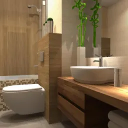 Nowoczesna łazienka z drewnianymi akcentami, umywalką nablatową, bambusem w wazonie i mozaiką przy wannie.