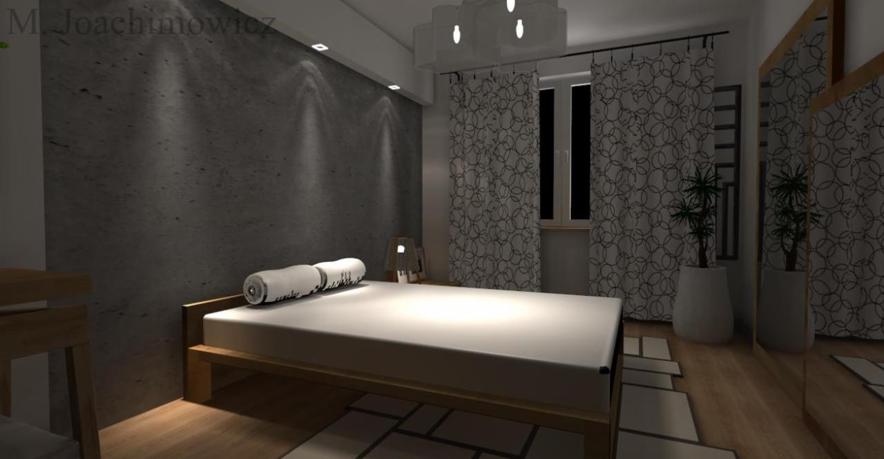 Minimalistyczna sypialnia z betonową ścianą, drewnianym łóżkiem i geometrycznym dywanem. Dwie poduszki z czarnym napisem na białym tle leżą na łóżku. W tle okno z zasłonami w okręgi oraz roślina...