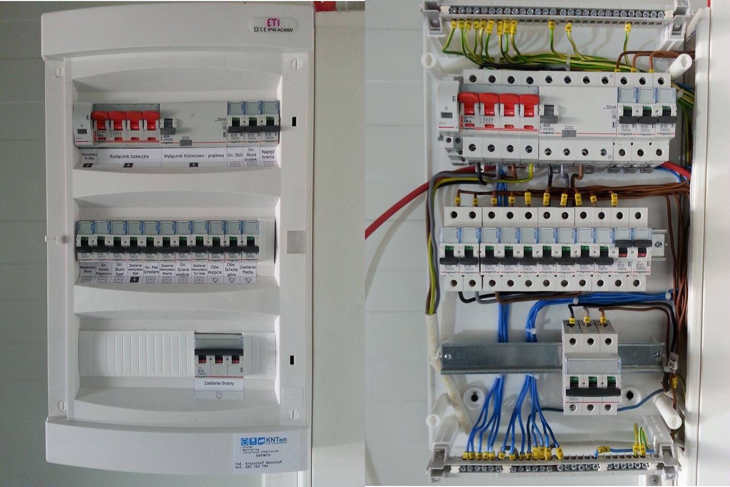 Otwarta skrzynka rozdzielcza z zainstalowanymi bezpiecznikami i okablowaniem, widok z bliska na elementy instalacji elektrycznej.