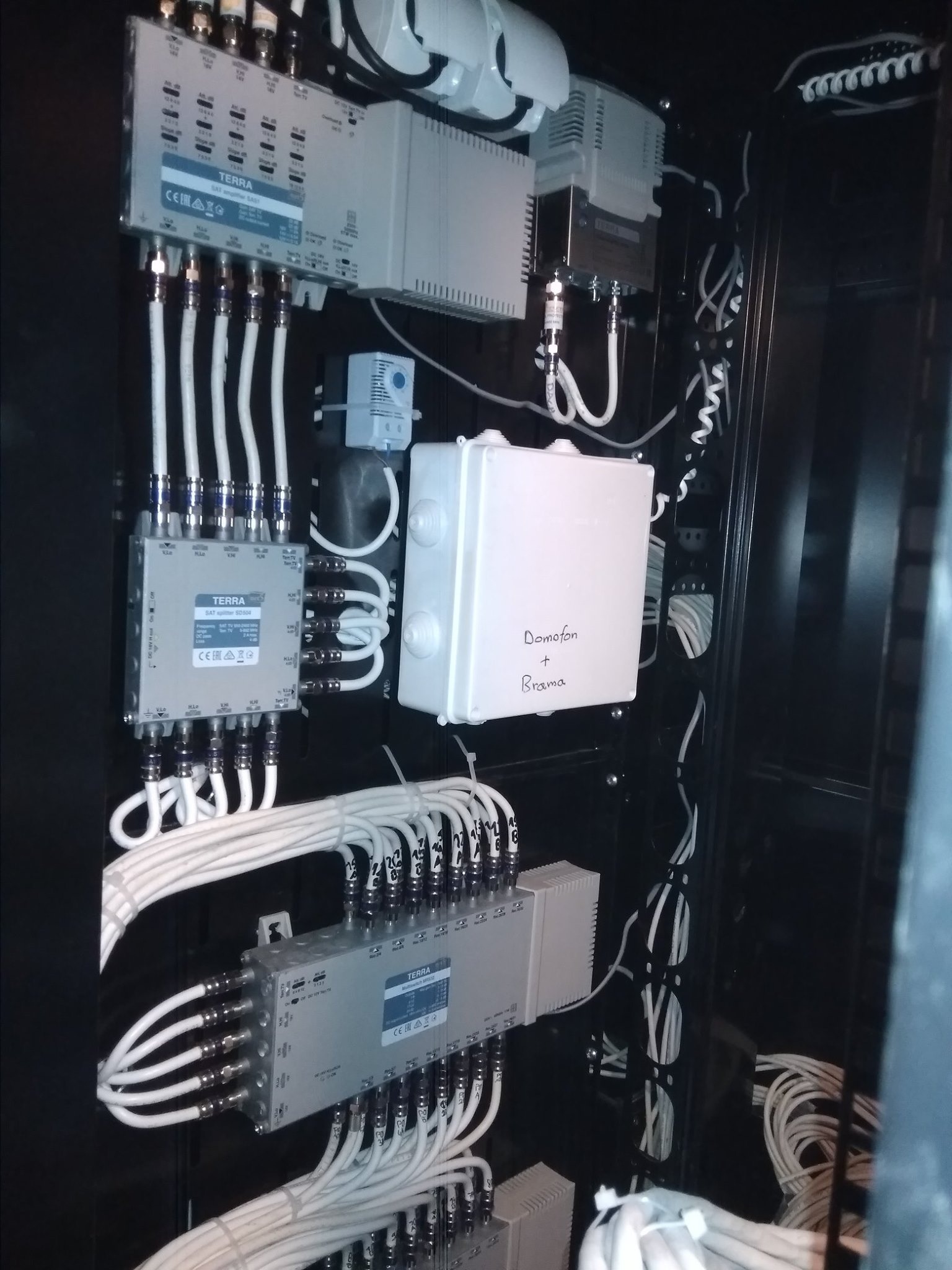 Rozdzielnica telekomunikacyjna z wieloma kablami koncentrycznymi, wzmacniaczami sygnału i skrzynką z napisem 'Domofon + Brama', umieszczona w czarnej szafie rack.