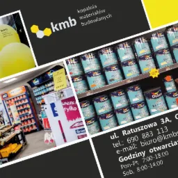 Wnętrze sklepu budowlanego KMB z półkami pełnymi farb Dulux Easycare, ekspozycją wałków i balonami z logo firmy.