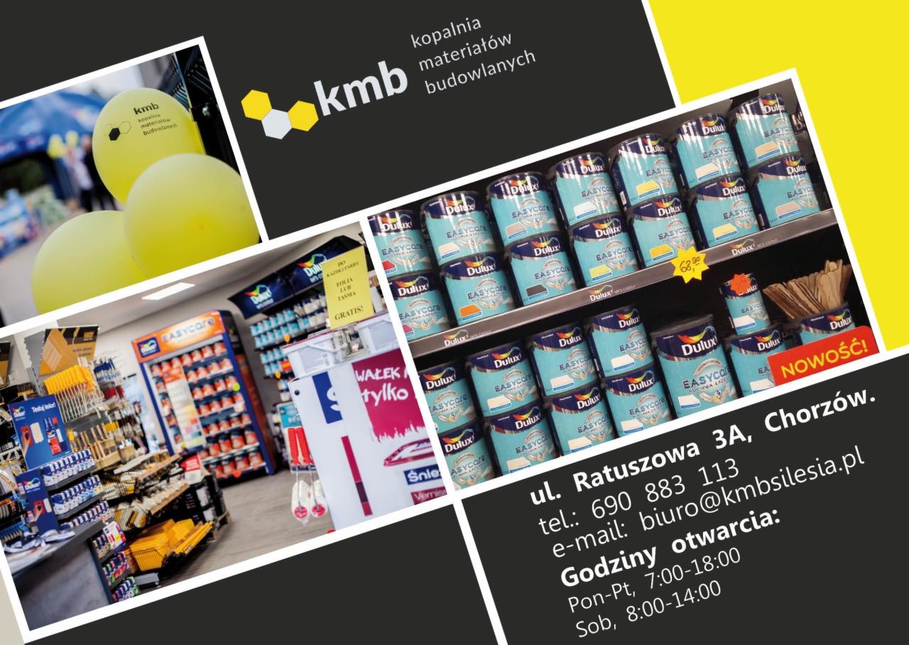 Wnętrze sklepu budowlanego KMB z półkami pełnymi farb Dulux Easycare, ekspozycją wałków i balonami z logo firmy.