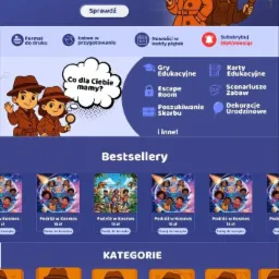 Ilustracja promująca gry edukacyjne dla dzieci, z postaciami detektywów, ofertami subskrypcji i kategoriami: Escape Room, Poszukiwanie Skarbu, Dekoracje Urodzinowe.