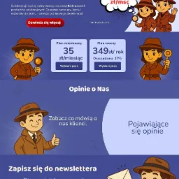 Grafika reklamowa subskrypcji materiałów edukacyjnych. Detektywi z lupami, plany cenowe, opinie klientów i zaproszenie do newslettera na granatowym tle.