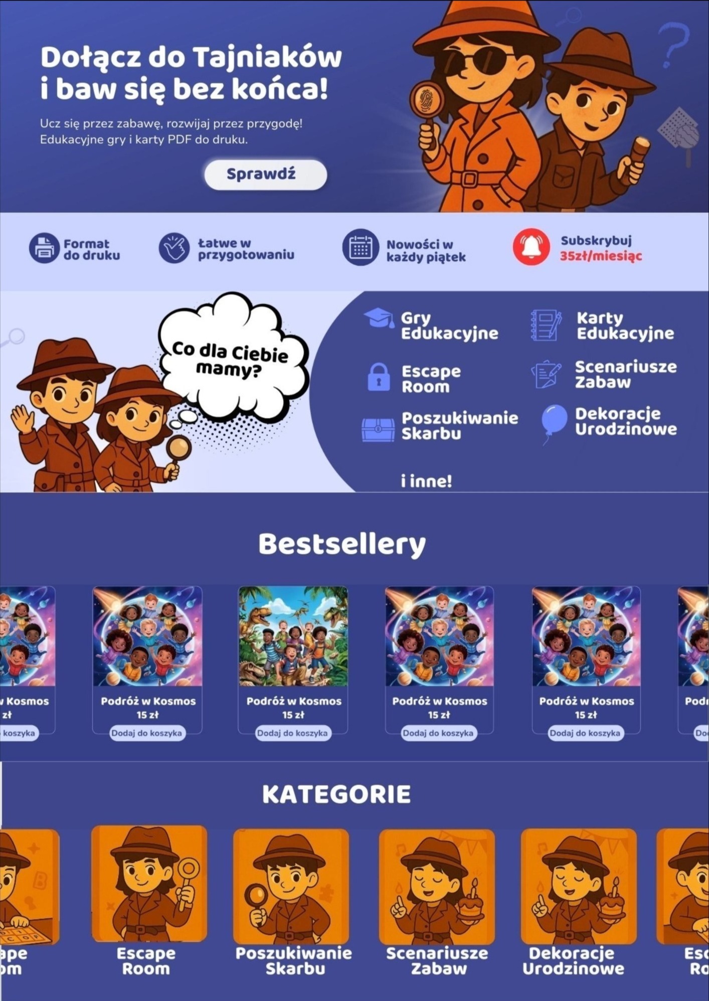 Ilustracja promująca gry edukacyjne dla dzieci, z postaciami detektywów, ofertami subskrypcji i kategoriami: Escape Room, Poszukiwanie Skarbu, Dekoracje Urodzinowe.