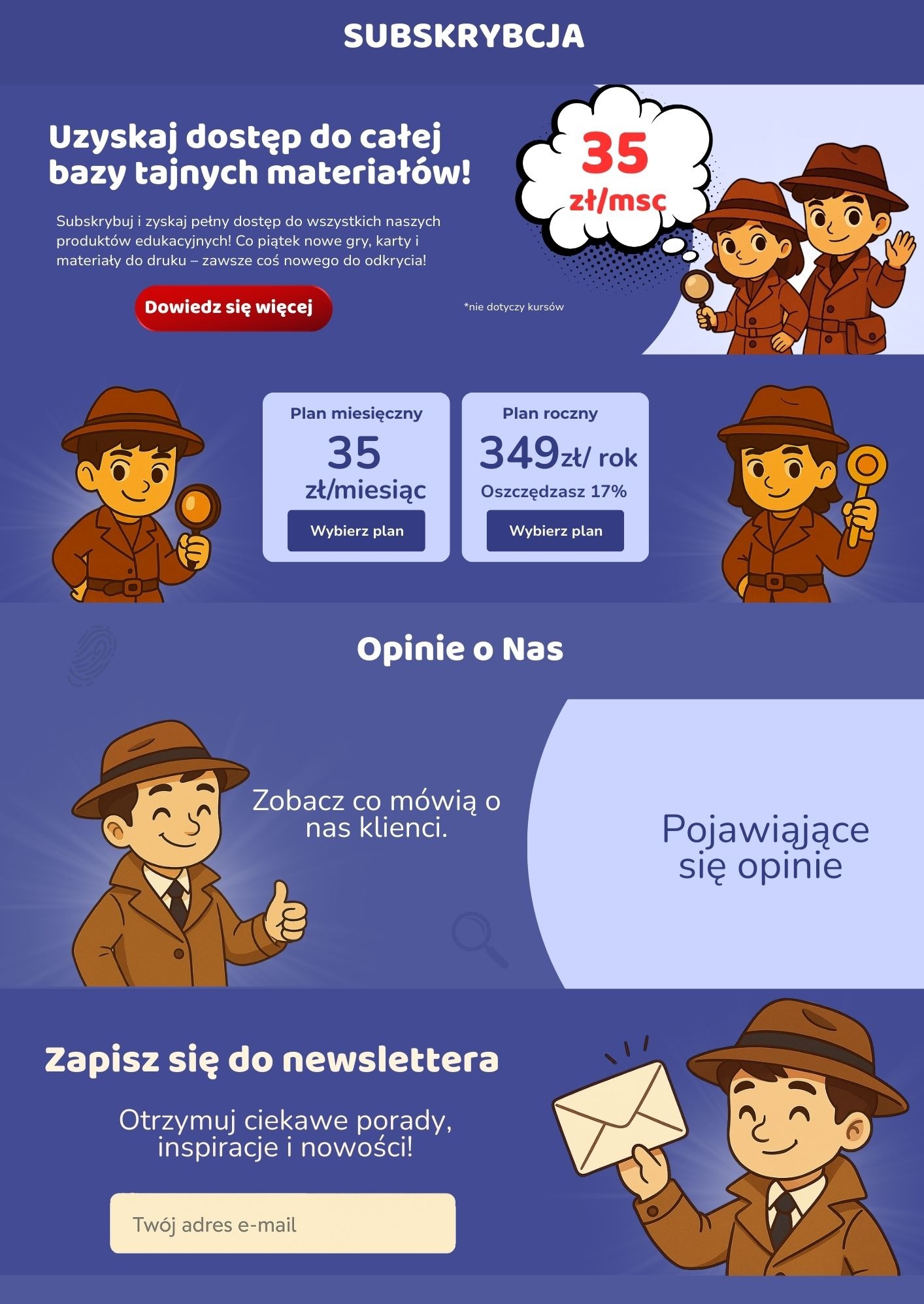 Grafika reklamowa subskrypcji materiałów edukacyjnych. Detektywi z lupami, plany cenowe, opinie klientów i zaproszenie do newslettera na granatowym tle.