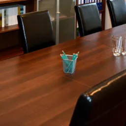 Sala konferencyjna z ciemnym drewnianym stołem, czarnymi skórzanymi krzesłami, szklankami na wodę i pojemnikiem z ołówkami, widok z perspektywy stołu.