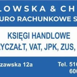 Szyld Biura Rachunkowego Szałowska & Chmiel w Kobylce, oferującego prowadzenie ksiąg handlowych, KPiR, ryczałtu, rozliczenia VAT, JPK, ZUS, PIT i CIT. Na niebiesko-białym tle widnieje adres...