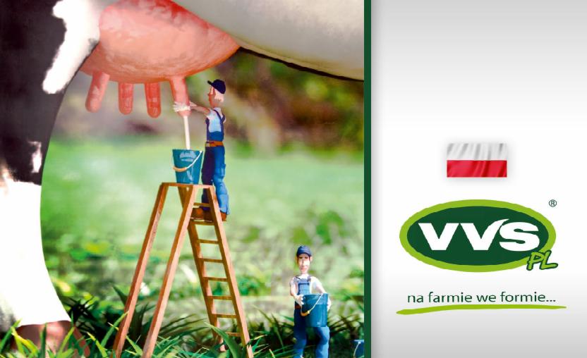 Ilustracja przedstawiająca dwóch małych mężczyzn w kombinezonach, jeden na drabinie dojący krowę do wiadra, drugi stojący na ziemi z wiadrem; po prawej stronie logo firmy VVS PL z polską flagą.