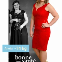 Kobieta w czerwonej sukience prezentuje efekt odchudzania, obok widoczna sylwetka w czarnej sukience sprzed kuracji, z napisem 'Aneta -14 kg' i logo 'bonne santé'.