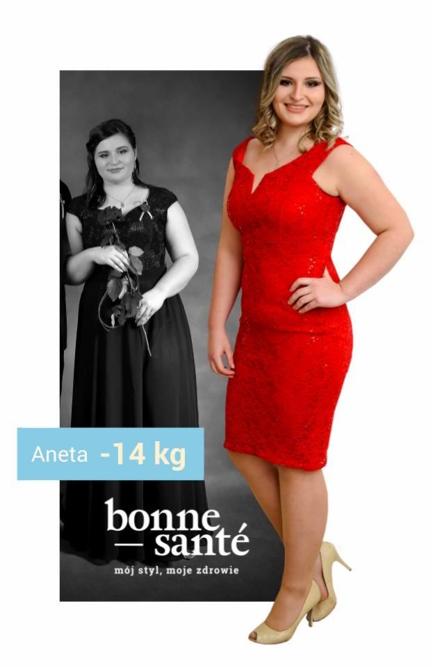 Kobieta w czerwonej sukience prezentuje efekt odchudzania, obok widoczna sylwetka w czarnej sukience sprzed kuracji, z napisem 'Aneta -14 kg' i logo 'bonne santé'.