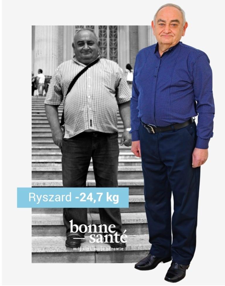 Mężczyzna przed i po utracie wagi, Ropczyce. Zdjęcie prezentuje transformację sylwetki, z widocznym napisem 'Ryszard -24,7 kg' i logo 'bonne sante'.