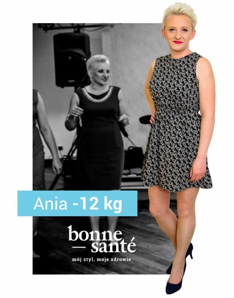 Kobieta po metamorfozie dietetycznej, prezentująca sylwetkę po utracie wagi, z widocznym efektem -12 kg, na tle zdjęcia 'przed' z mikrofonem i nagłośnieniem w tle.