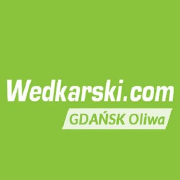Logo firmy Wedkarski.com z dopiskiem Gdańsk Oliwa na zielonym tle.