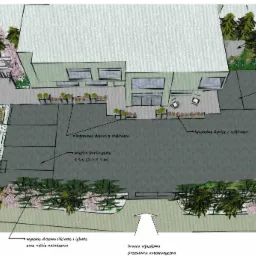 Projekt zagospodarowania terenu wokół budynku biurowego z wyznaczonymi miejscami parkingowymi, strefą relaksu dla pracowników, miejscem na rowery, betonowymi donicami z roślinami i wielopoziomowymi...