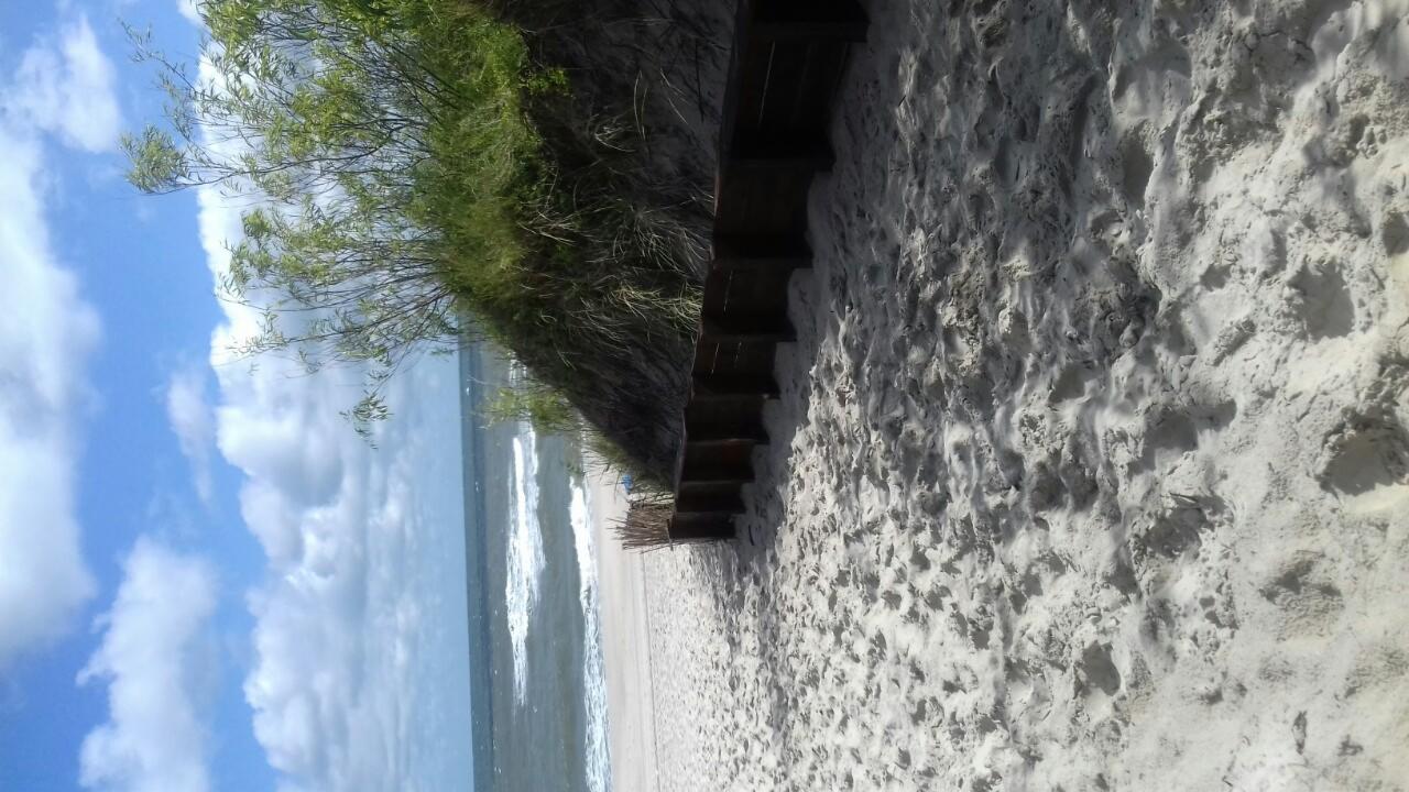 Drewniane schody prowadzą na piaszczystą plażę z widokiem na morze i błękitne niebo z chmurami. Brzeg porośnięty zielenią. Ujęcie z dołu.