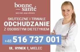 Portret uśmiechniętej kobiety w białym fartuchu lekarskim na tle reklamy z hasłem 'Skuteczne i trwałe odchudzanie' oraz numerem telefonu i adresem w Mielcu.