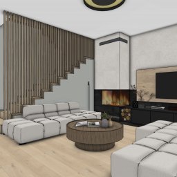 Architektura Wnętrz Katarzyna Tumielewicz - Wizualizacja salonu z kominkiem i drewnianymi lamelami przy schodach. Nowoczesny design z sofą modułową i okrągłym stolikiem kawowym. Ciepłe oświetlenie.