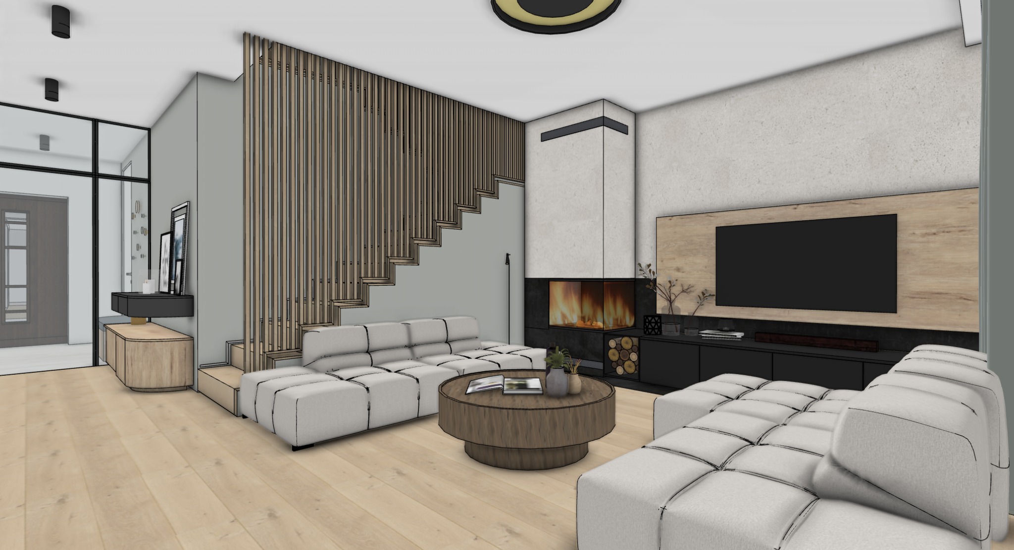 Wizualizacja salonu z kominkiem i drewnianymi lamelami przy schodach. Nowoczesny design z sofą modułową i okrągłym stolikiem kawowym. Ciepłe oświetlenie.