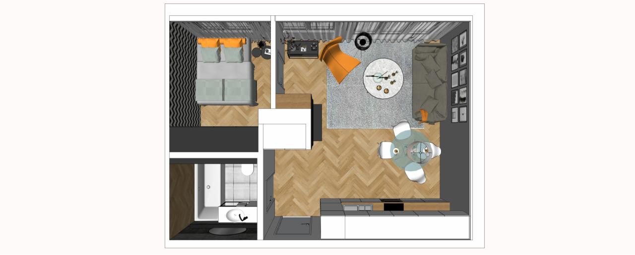 Plan mieszkania z góry: sypialnia z szarą tapetą i pomarańczowymi poduszkami, salon z szarą sofą i pomarańczowym fotelem, kuchnia z białymi szafkami i drewnianym blatem, łazienka z białą armaturą...