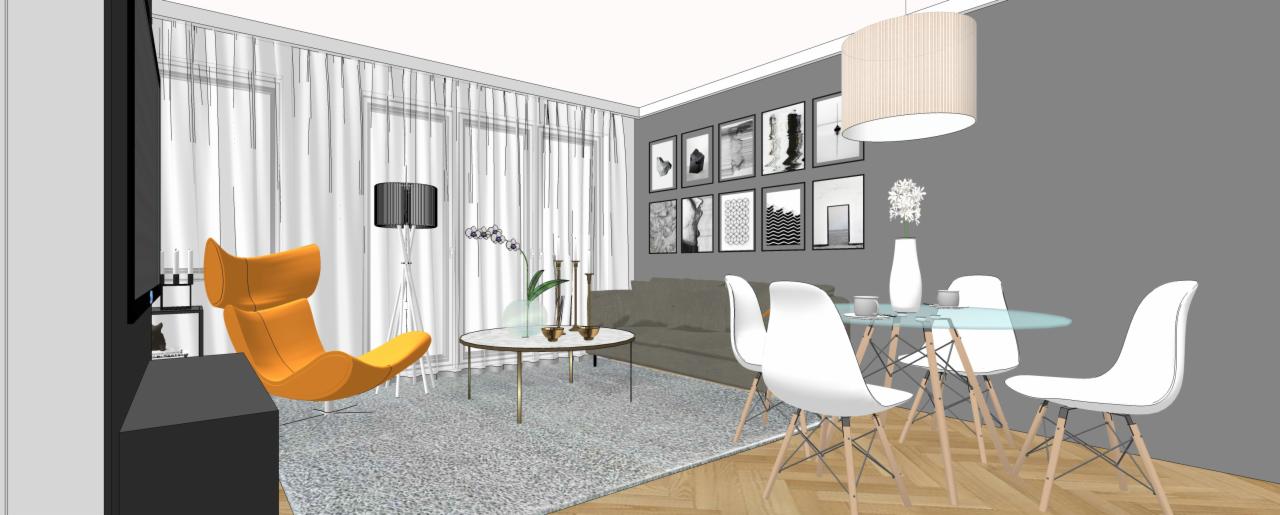 Wizualizacja salonu z żółtym fotelem, okrągłym stolikiem kawowym, szarą sofą, okrągłym szklanym stołem jadalnym z białymi krzesłami i galerią czarno-białych obrazów na szarej ścianie.