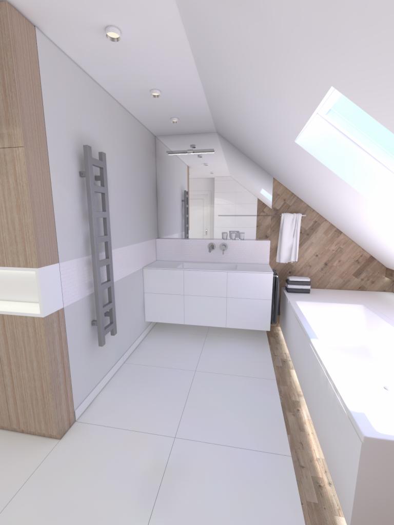 Jasna łazienka na poddaszu ze skośnym sufitem i oknem dachowym, drewnianą ścianą, białą wanną, szafką umywalkową z szufladami i grzejnikiem drabinkowym.