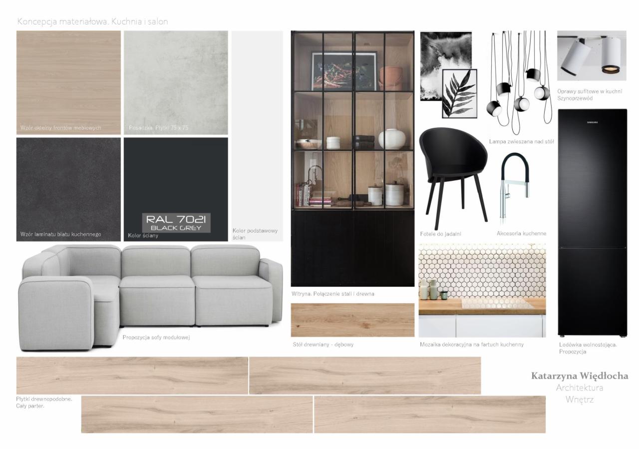 Koncepcja materiałowa dla kuchni i salonu: paleta kolorów i materiałów, w tym próbki okleiny meblowej, płytki, laminatu, farby RAL 7021 Black Grey, propozycja sofy modułowej, witryna ze stali...