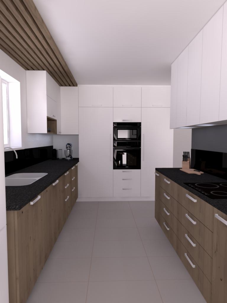 Wizualizacja nowoczesnej kuchni z drewnianymi szafkami i białymi górnymi szafkami, czarnym blatem i wbudowanym sprzętem AGD.