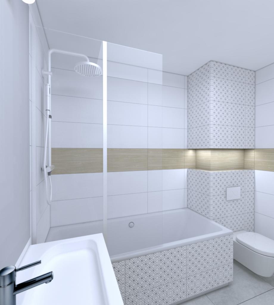 Nowoczesna łazienka z białymi płytkami, drewnianym pasem dekoracyjnym i geometrycznym wzorem na obudowie wanny. Widoczna kabina prysznicowa typu walk-in i umywalka z chromowaną baterią.