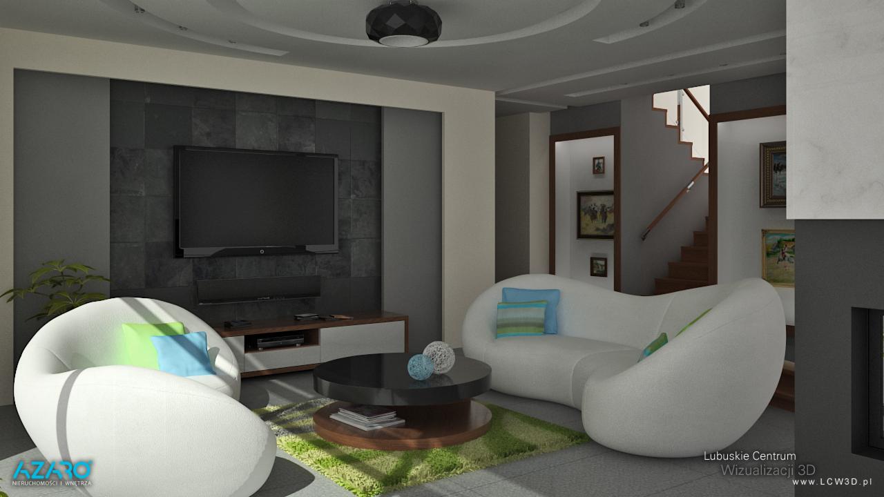 Wizualizacja salonu z białymi, futurystycznymi meblami, czarnym telewizorem na ścianie z ciemnej mozaiki i schodami w tle. Na okrągłym stoliku leżą książki i dekoracyjne kule.