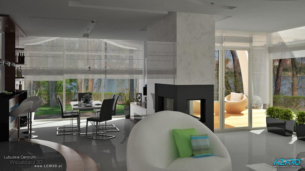 Wizualizacja 3D przestronnego salonu z widokiem na jezioro, nowoczesny kominek, biały fotel typu cocoon z zielonymi i niebieskimi poduszkami, szare zasłony rzymskie i bar z hokerami.