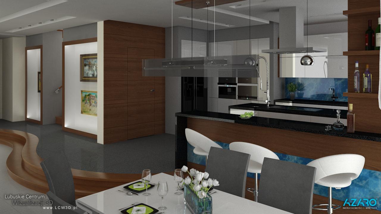 Wizualizacja nowoczesnego wnętrza mieszkania z otwartą kuchnią, barem, jadalnią i elementami drewnianej zabudowy.