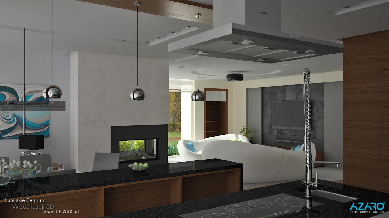 Wizualizacja 3D nowoczesnego wnętrza: kuchnia z czarnym blatem i płytą indukcyjną, salon z kominkiem i sofą w tle, chromowane lampy wiszące, abstrakcyjny obraz na ścianie.