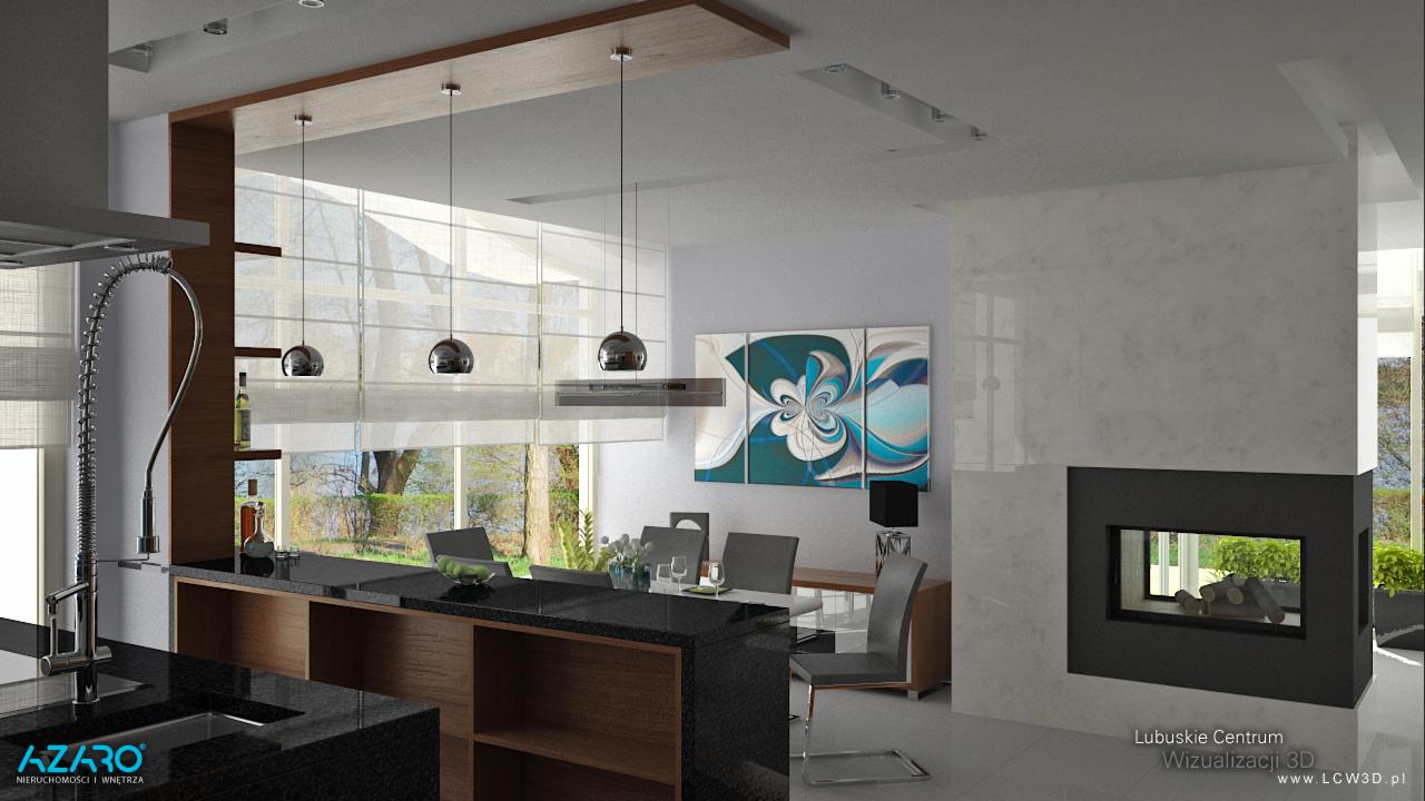 Wizualizacja 3D nowoczesnej kuchni z wyspą, czarnym blatem i chromowanymi lampami wiszącymi, połączonej z jadalnią i salonem z kominkiem.