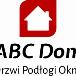 Logo firmy 'ABC Dom' z ikoną domu w czerwonym kwadracie. Tekst: Drzwi, Podłogi, Okna. Minimalistyczny design, czcionka bezszeryfowa.