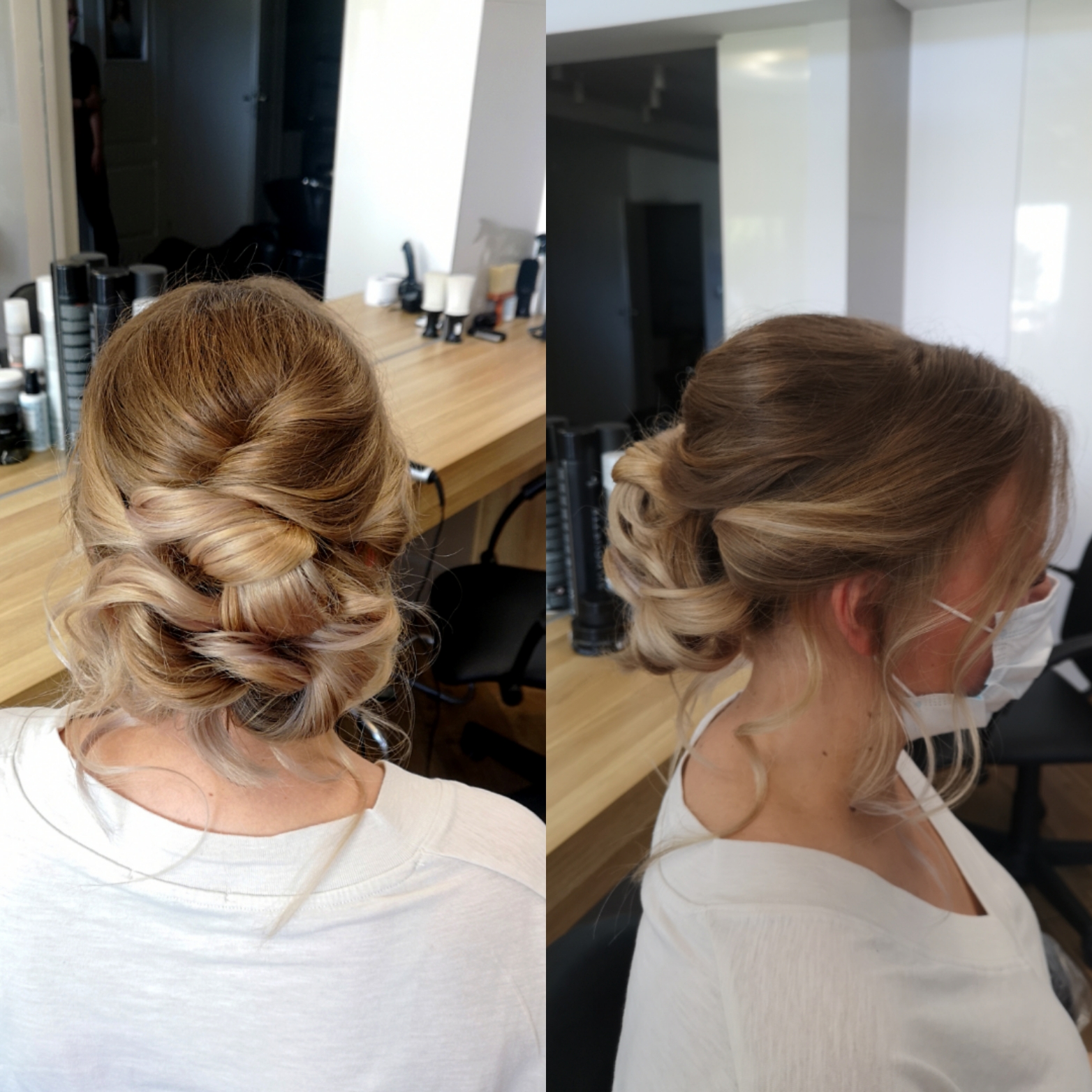 Eleganckie upięcie włosów blond z pasemkami, widok z tyłu i z boku, wykonane w salonie, kobieta w maseczce.