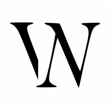 Czarno-biały, minimalistyczny logotyp przedstawiający literę 'W' z wyraźnymi szeryfami i asymetrycznym podziałem pionowym.
