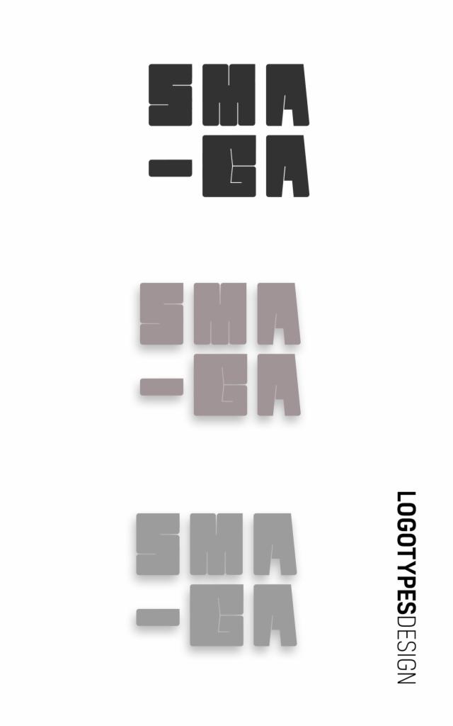 Trzy warianty kolorystyczne logo SMA-GA z geometrycznych bloków na białym tle, z tekstem LOGOTYPESDESIGN po prawej stronie.