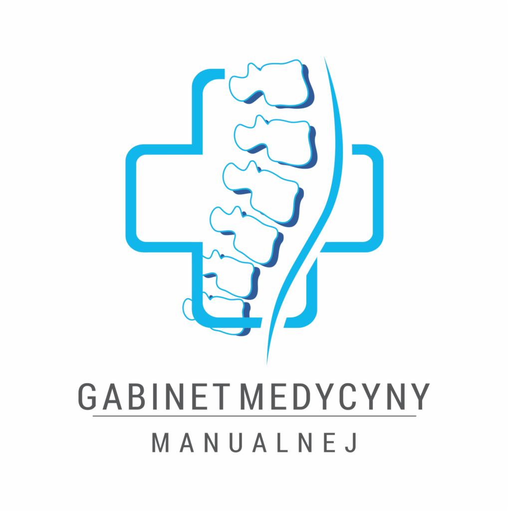 Logo Gabinetu Medycyny Manualnej: Stylizowany kręgosłup wkomponowany w niebieski krzyż, pod spodem nazwa gabinetu.