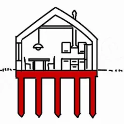 Czarno-biały schemat domu z czerwonymi, palowymi fundamentami, ukazujący przekrój wnętrza z wyposażeniem.