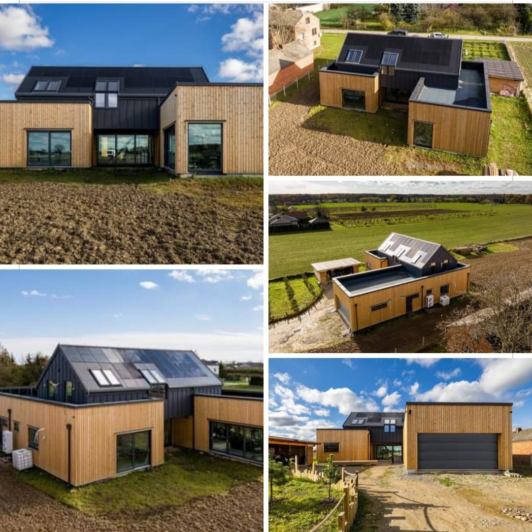 Nowoczesny dom z elementami drewnianymi i ciemną blachą na dachu, widok z różnych perspektyw, prezentujący bryłę budynku i otoczenie.